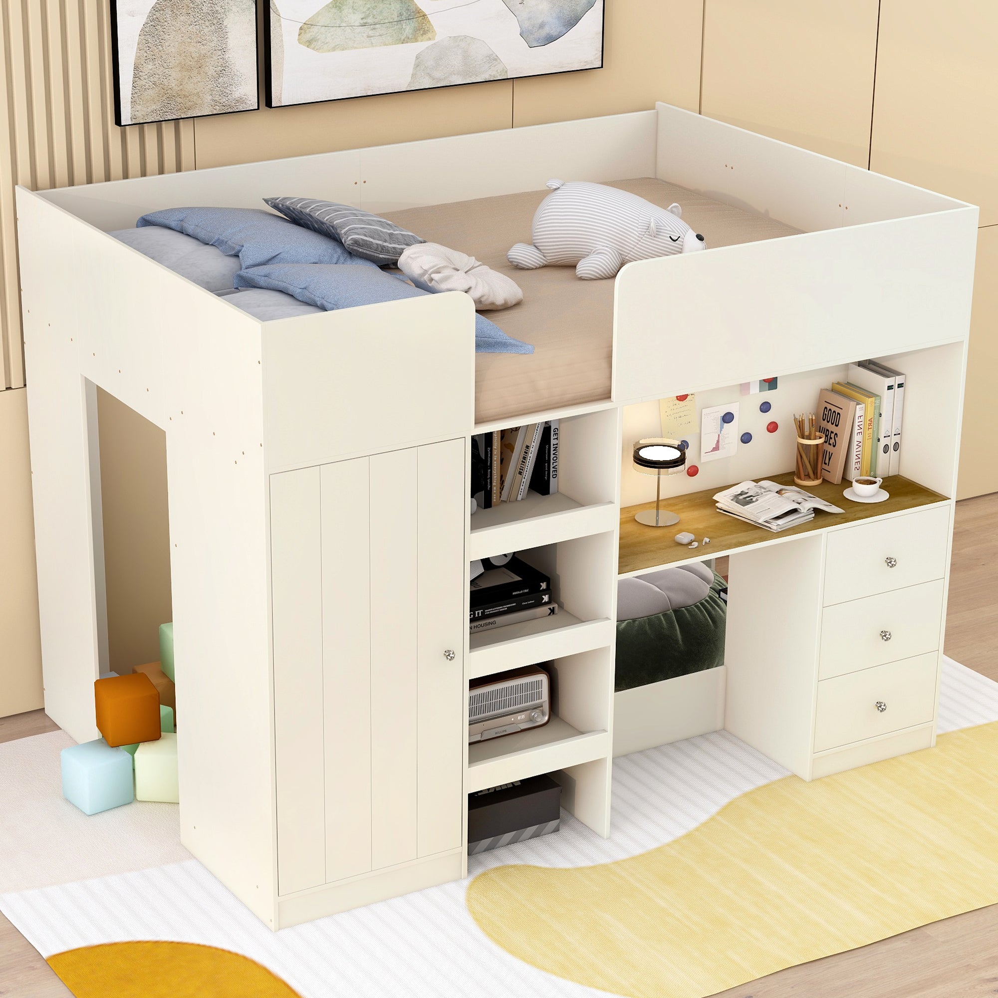 Wood Full Size Loft Bed with Built-in Wardrobe, Desk, Storage Shelves and Drawers, Beige - Atlantic Fine Furniture Melbourne FL