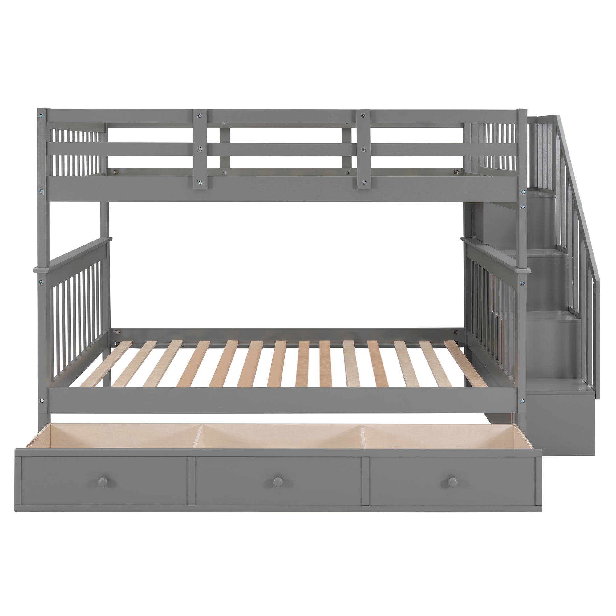 Stairway Full-Over-Full Bunk Bed with Drawer, Storage and Guard Rail for Bedroom, Gray color( old sku: LP000310AAE )