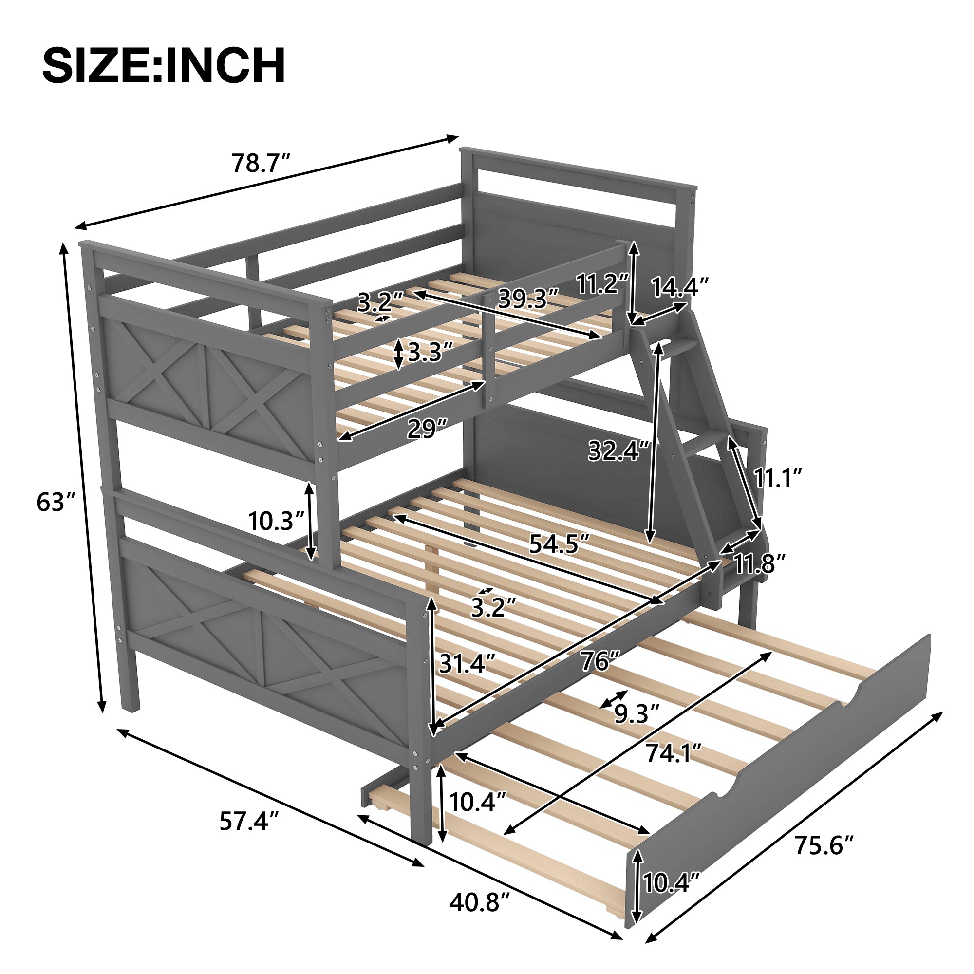 Twin over Full Bunk Bed with Ladder, Twin Size Trundle, Safety Guardrail, Gray - Atlantic Fine Furniture Melbourne FL