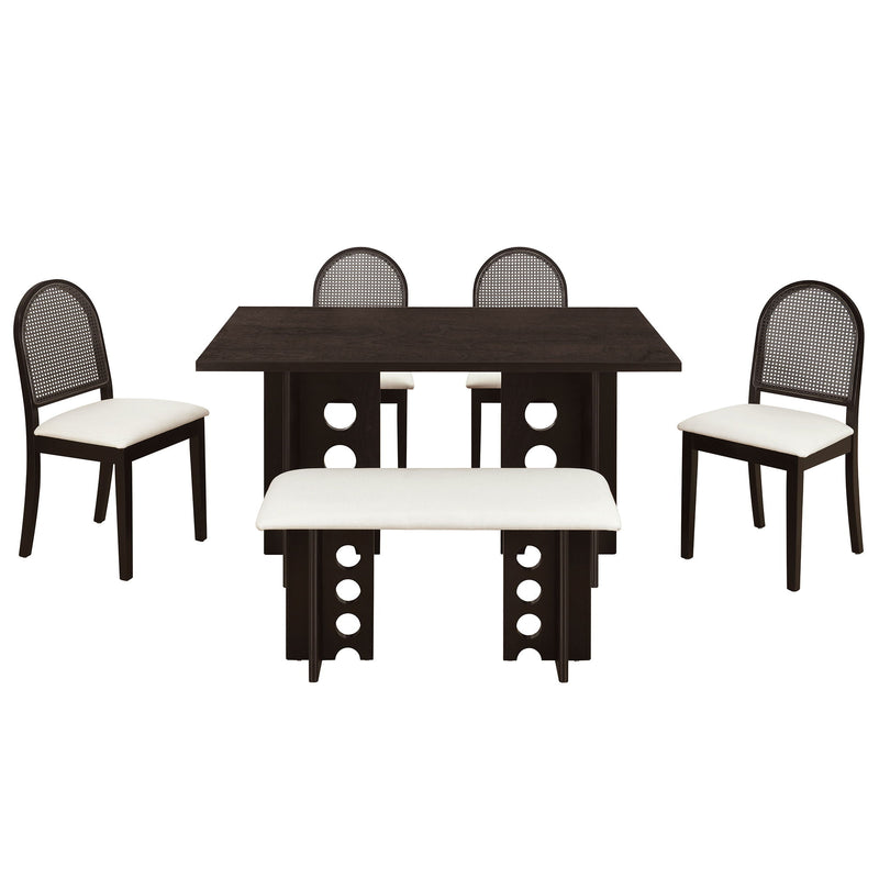 Modern Double Pedestal 6 Piece Dining Table Set, 4 Upholstered Rattan Back Dining Chairs And Bench
