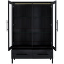 Modern Style Tall Display Cabinet With LED Lighting, Tempered Glass Door, 2 Drawers