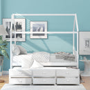 Twin size Wooden House Bed with Trundle and 3 Storage Drawers-White