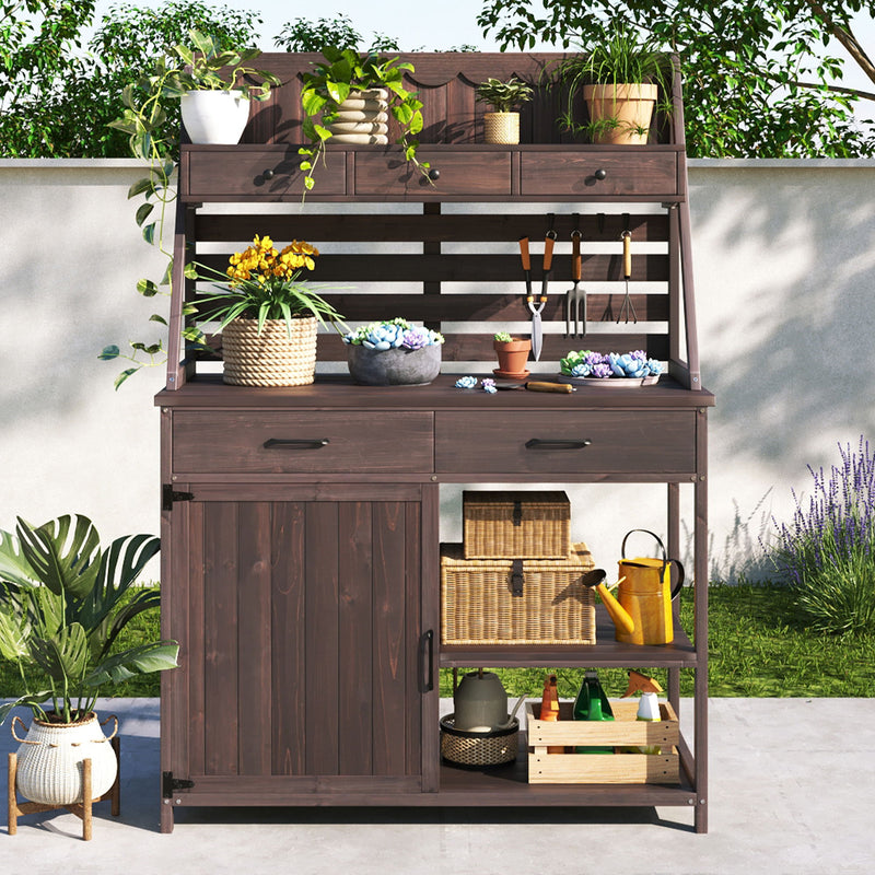 Potting Bench With 5 Drawer Storage And Slatted Back Panel, Garden Workstation - Brown