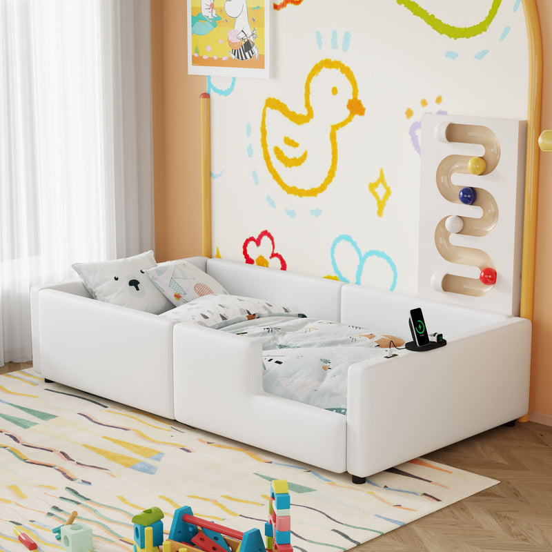 Twin Size Upholstered Platform Bed With Guardrail And Charging Station - White