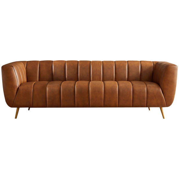 Ava - Genuine Italian Leather Channel Tufted Sofa - Gold / Tan