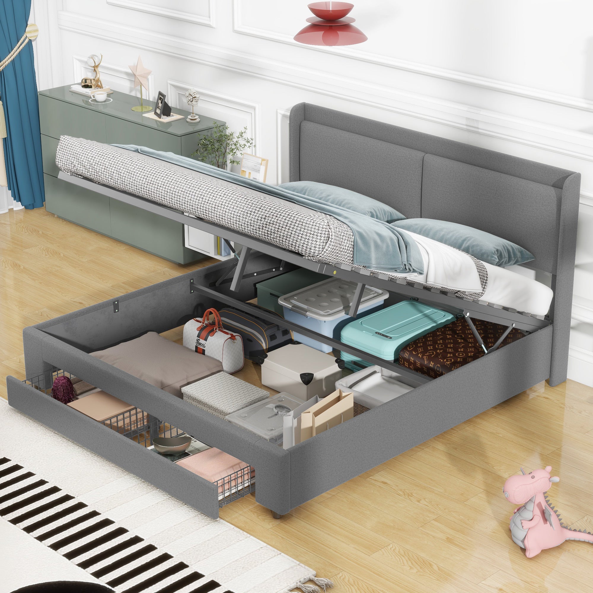 Queen Size Storage Upholstered Hydraulic Platform Bed with 2 Drawers, Gray - Atlantic Fine Furniture Melbourne FL