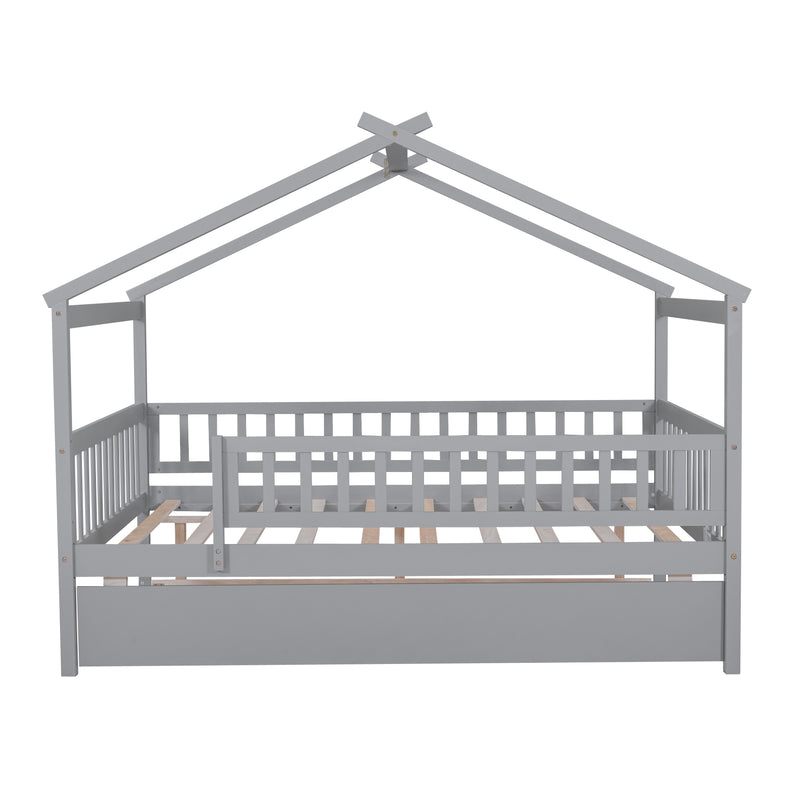 Full Size Wooden House Bed with Twin Size Trundle, Gray