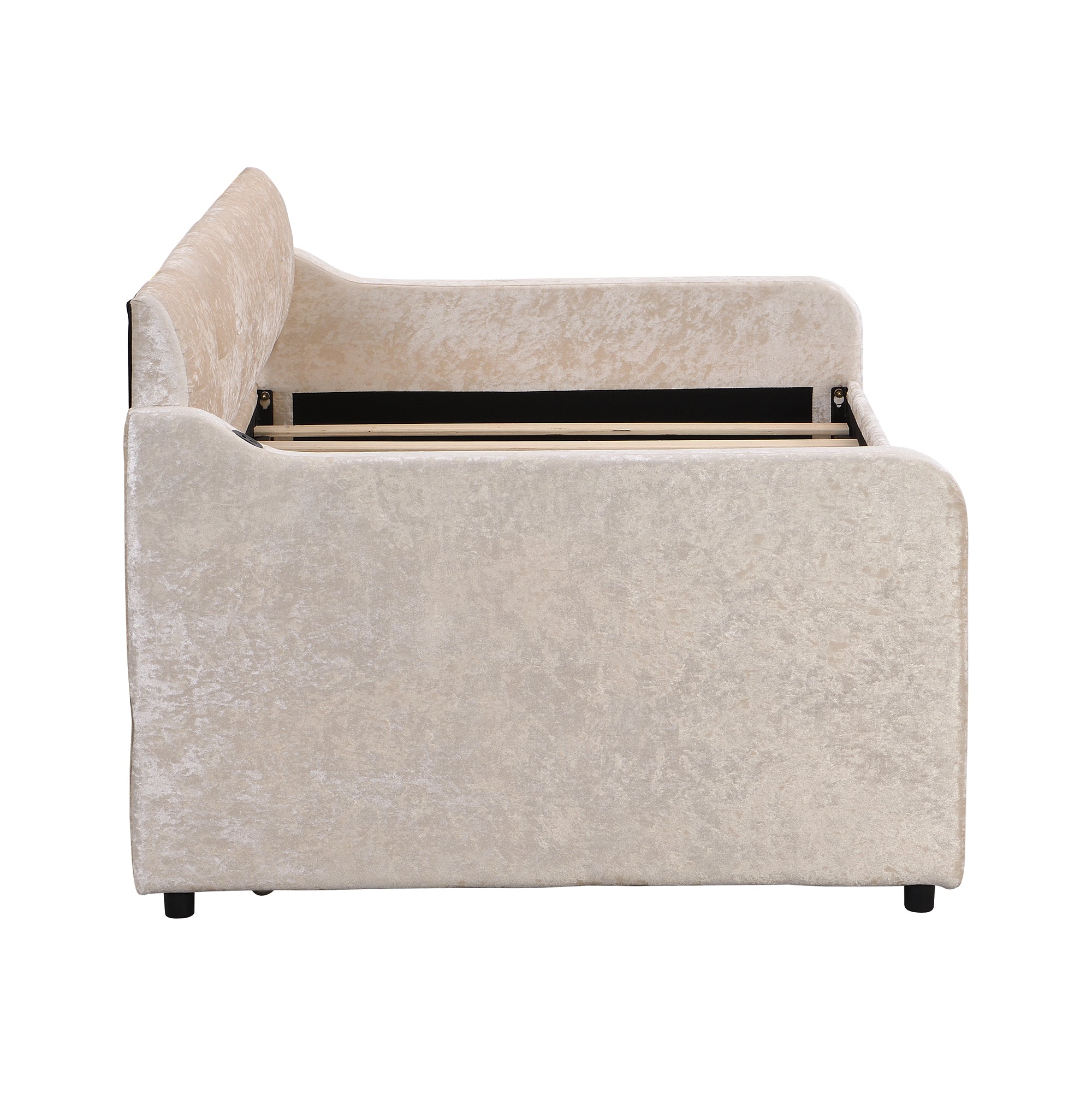 Twin Size Snowflake Velvet Daybed with Trundle and USB Charging Design,Beige - Atlantic Fine Furniture Melbourne FL