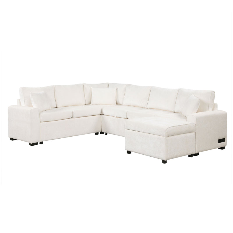 Sectional Sofa Pull-Out Sofa Bed Sleeper With A Storage Ottoman, Three Pillows And Charging Devices For Living Room