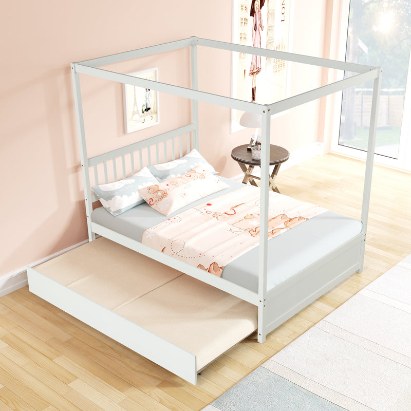 Full Size Canopy Bed with Twin Trundle, Kids Solid Wood Platform Bed Frame w/ Headboard, No Box Spring Needed White Color