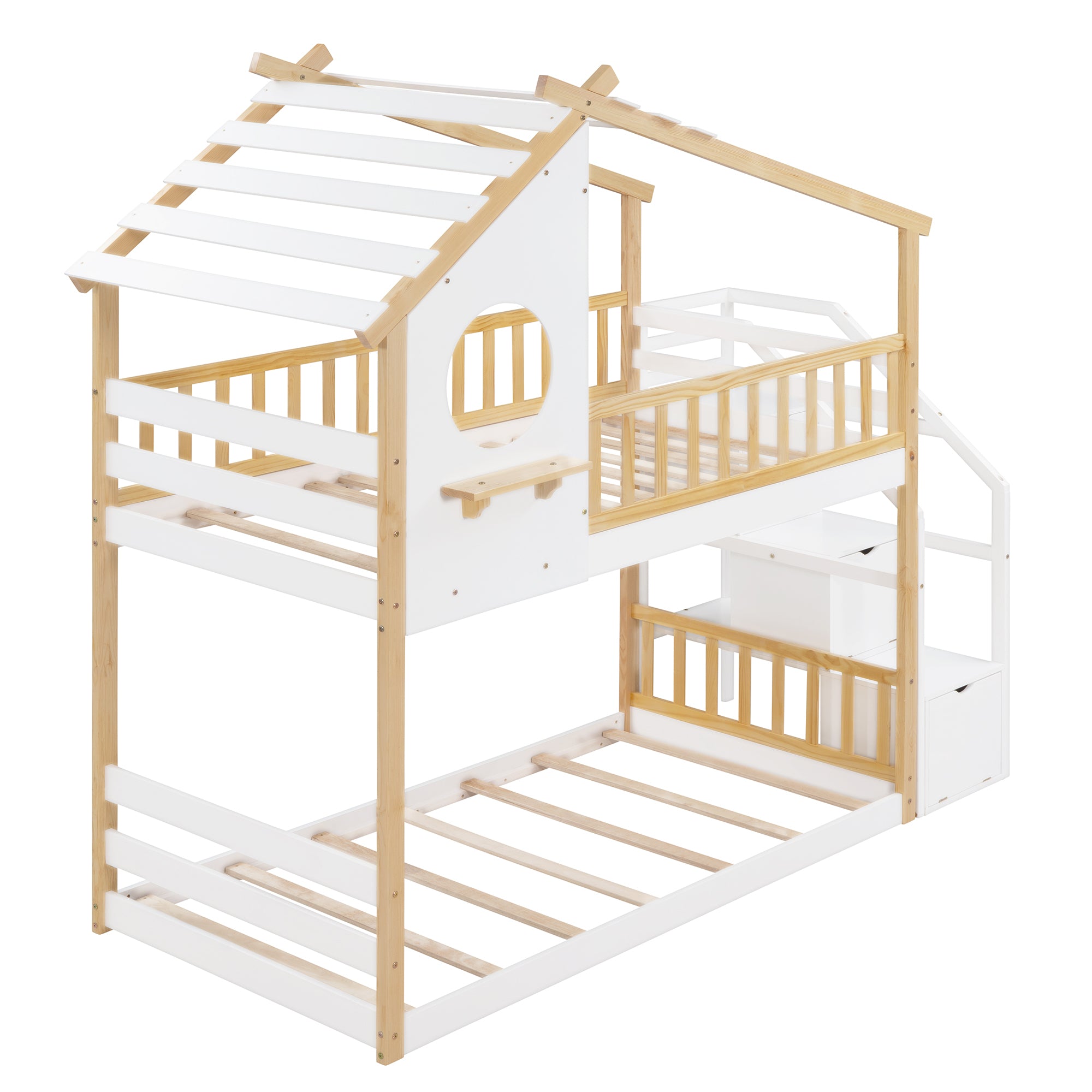 Stairway Twin-Over-Twin Bunk Bed,House Bed,Storage and Guard Rail,Natural Bed +White Stair(OLD SKU :LT000308AAK) - Atlantic Fine Furniture Melbourne FL