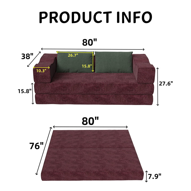 Convertible Couch Bed With 2 Pillows, 3 Seat Folding Floor Couch & King Size Bed Mattress, Diy Combination - Burgundy