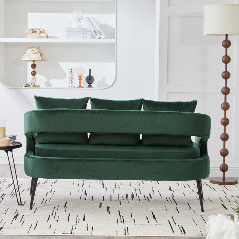 Open Back Loveseat Settee With 3 Pillows - Green