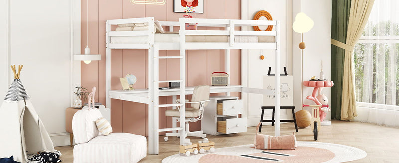 Loft Wood Bed With Under-Bed, Built-In Desk, A Storage Cabinet Of 2 Drawers, Guardrails, Ladder