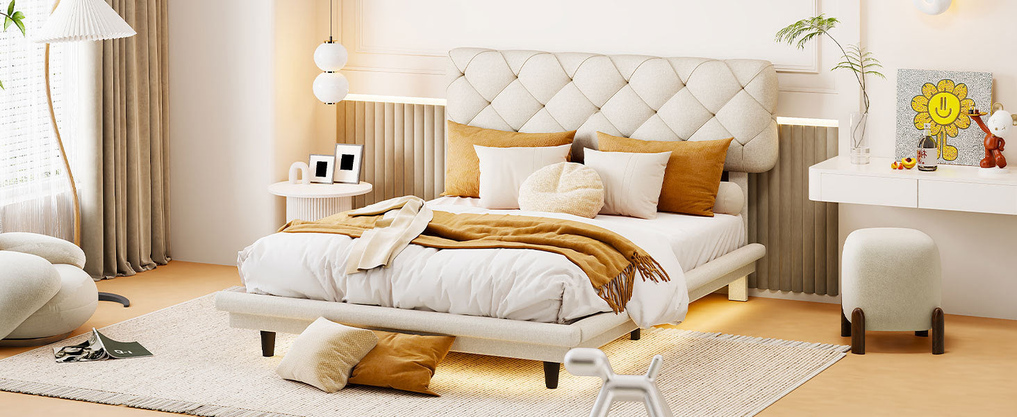 Full Size Upholstered Bed with Light Stripe, Floating Platform Bed, Linen Fabric,Beige - Atlantic Fine Furniture Melbourne FL