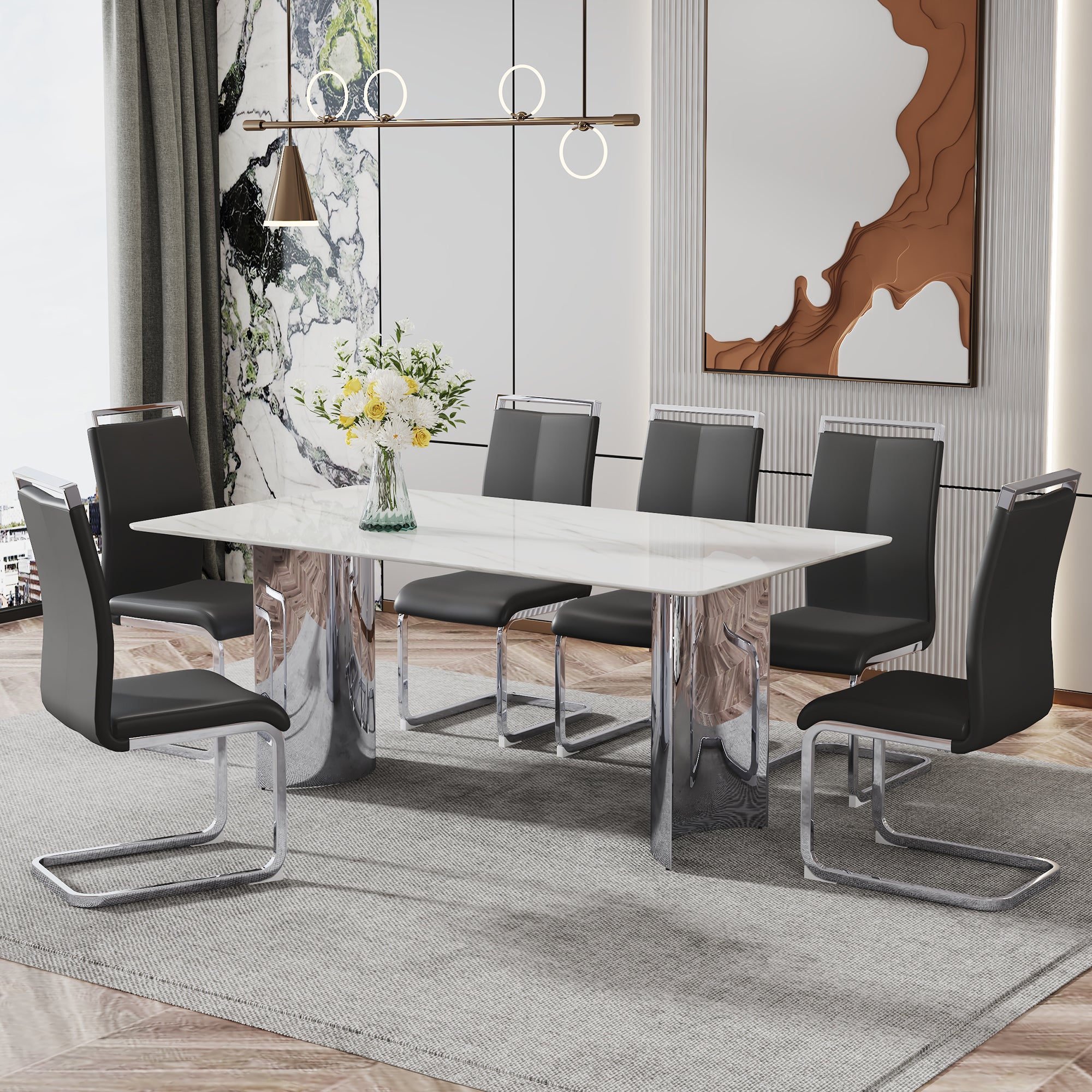 Modern minimalist dining table. The white imitation marble glass desktop is equipped with silver metal legs. Suitable for restaurants and living rooms  71" *39.3" *29.5"  DT-69