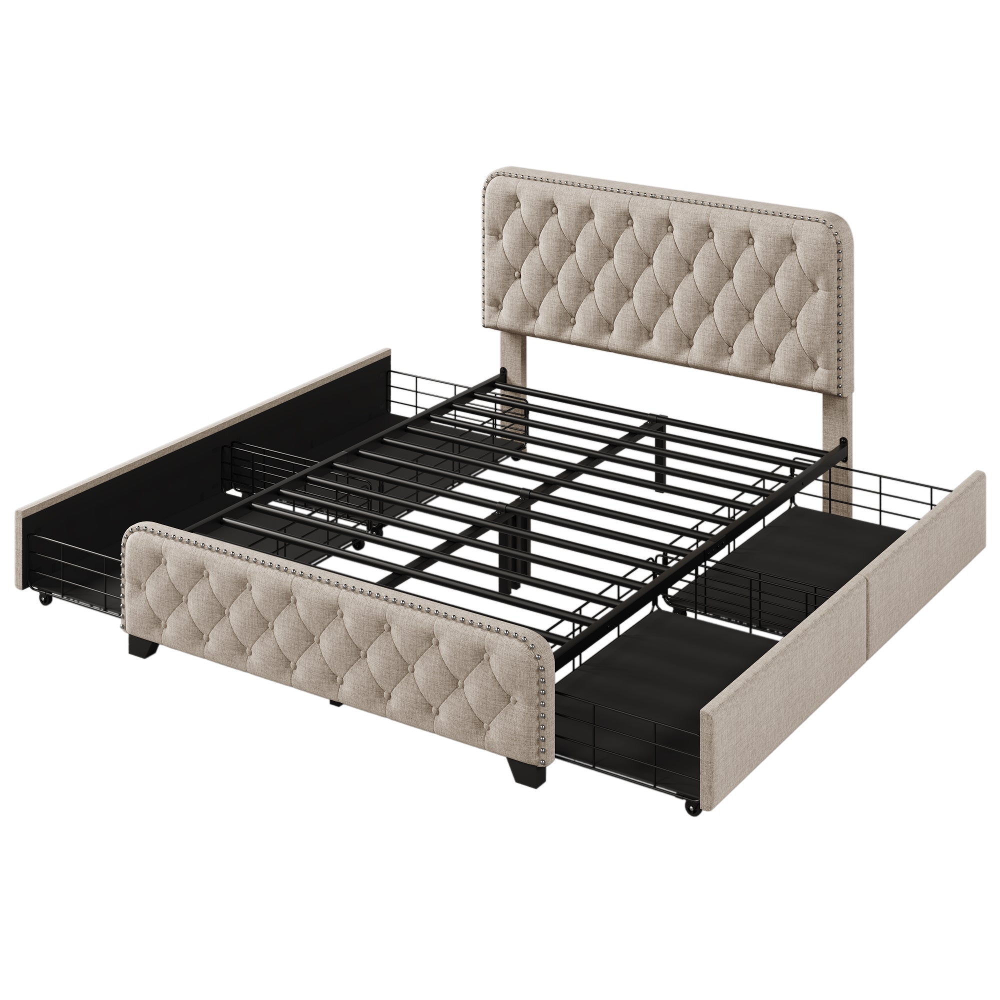 Upholstered Platform Bed Frame with Four Drawers, Button Tufted Headboard and Footboard Sturdy Metal Support, No Box Spring Required, Beige, Full (Old sku:BS300281AAA) - Atlantic Fine Furniture Melbourne FL