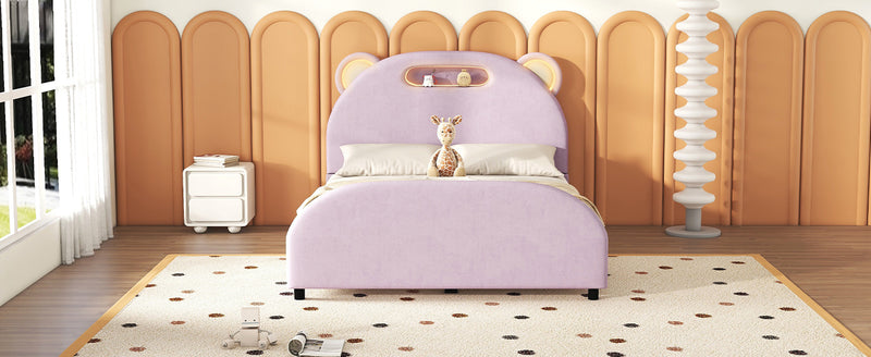 Full Size Upholstered Platform Bed with Bear-Shaped Headboard and Embedded Light Stripe, Velvet, Pink