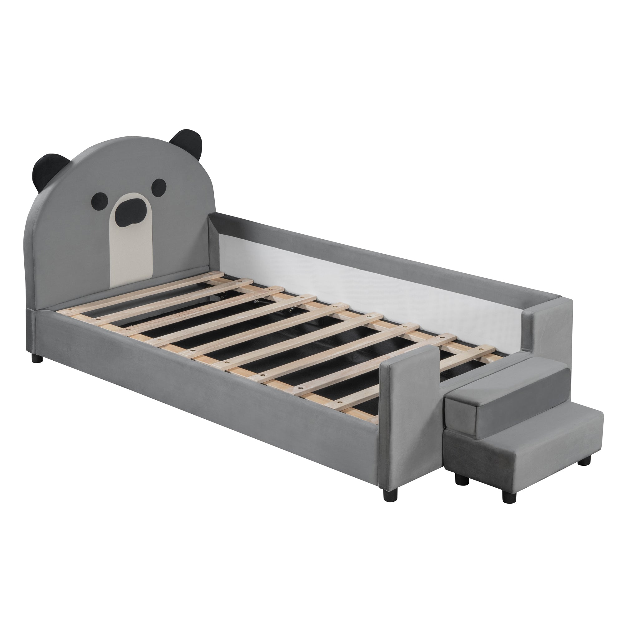 Twin Size Upholstered Daybed with Bear Shaped Headboard, Hydraulic System and Breathable Mesh Fence, Gray - Atlantic Fine Furniture Melbourne FL