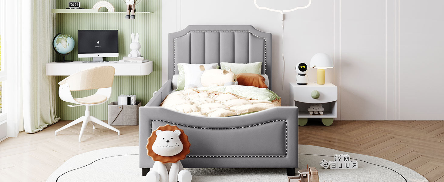 Twin Size Upholstered Daybed with Classic Stripe Shaped  Headboard, Gray - Atlantic Fine Furniture Melbourne FL
