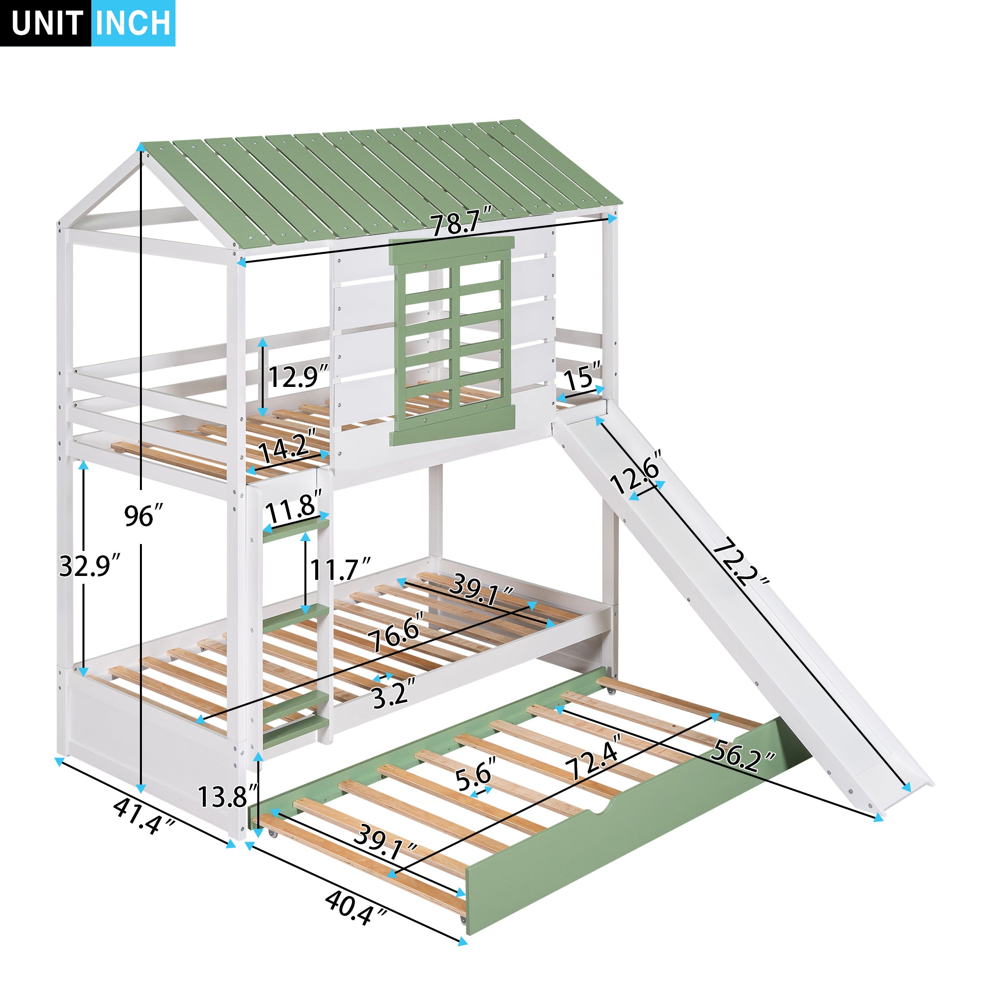 Twin over Twin Size House Bunk Bed with Convertible Slide and Trundle, White+Green - Atlantic Fine Furniture Melbourne FL
