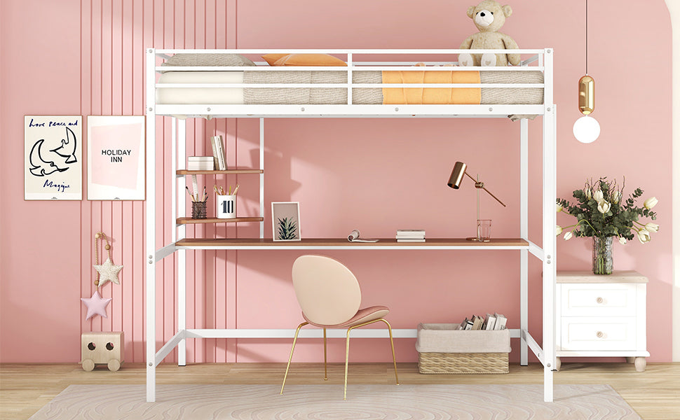 Full Metal Loft Bed with Desk and Shelve, White - Atlantic Fine Furniture Melbourne FL