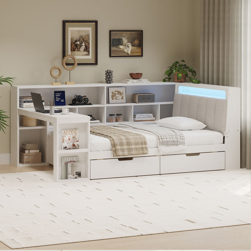 L Shaped Daybed With Desk, Bookcase, Upholstered Headboard, Drawers, And LED Light