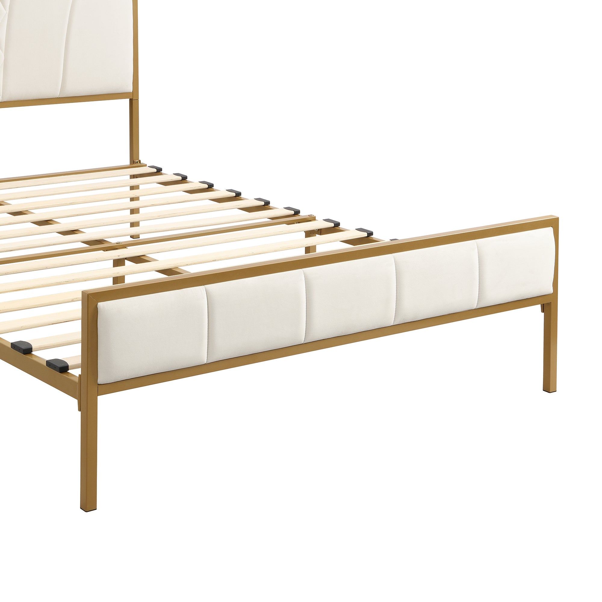 Full Size Bed Frame, Modern Upholstered Bed Frame with Tufted Headboard, Golden Metal Platform Bed Frame with Wood Slat Support, Noise Free, No Box Spring Needed,Beige