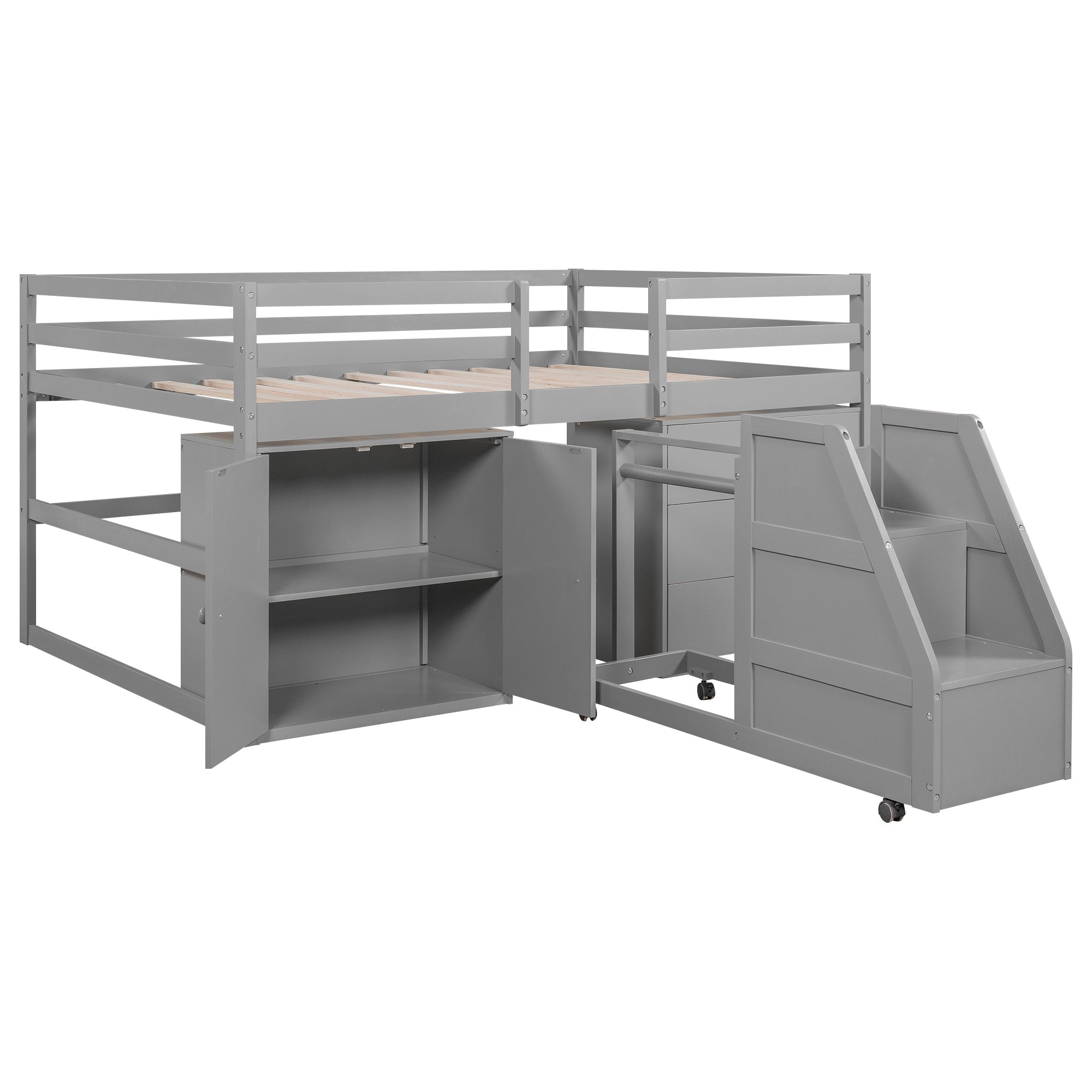 Full Size Functional Loft Bed with Cabinets and Drawers, Hanging Clothes at the back of the Staircase, Gray - Atlantic Fine Furniture Melbourne FL