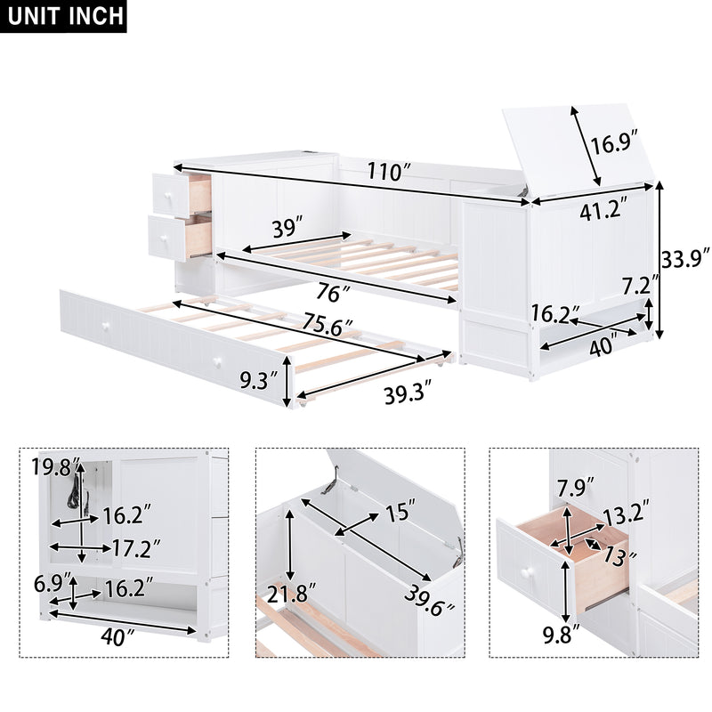 Twin Size Daybed with Storage Arms, Trundle and Charging Station, White