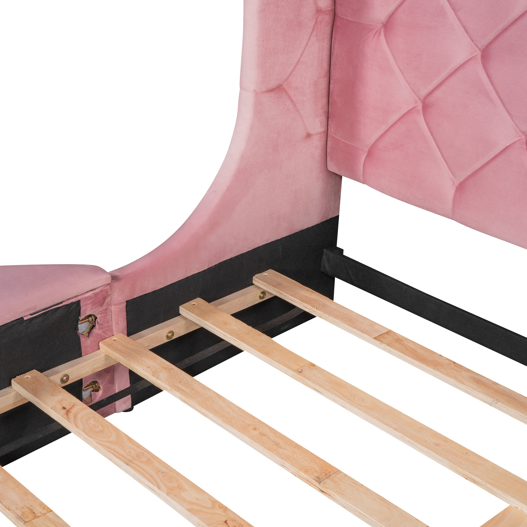Upholstered Platform Bed Queen Size Storage Velvet Bed with Wingback Headboard and 1 Big Drawer,2 Side Storage Stool(Pink) - Atlantic Fine Furniture Melbourne FL