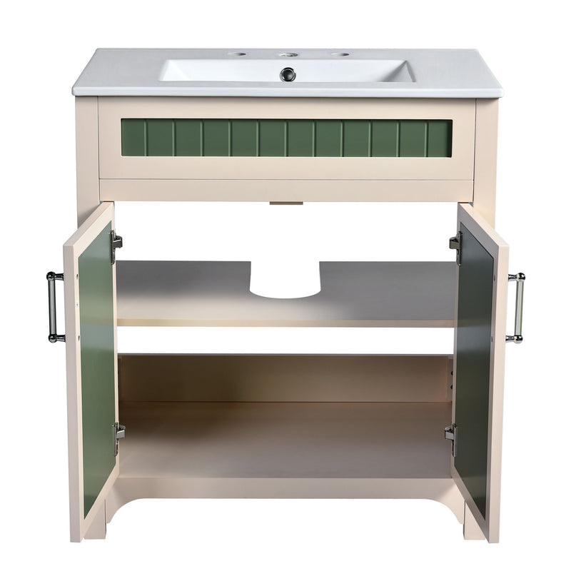Bathroom Vanity Cabinet With Ceramic Sink Combo Set, Frame Modern Bathroom Storage Cabinet With Height Adjustable Shelf - Beige / Green