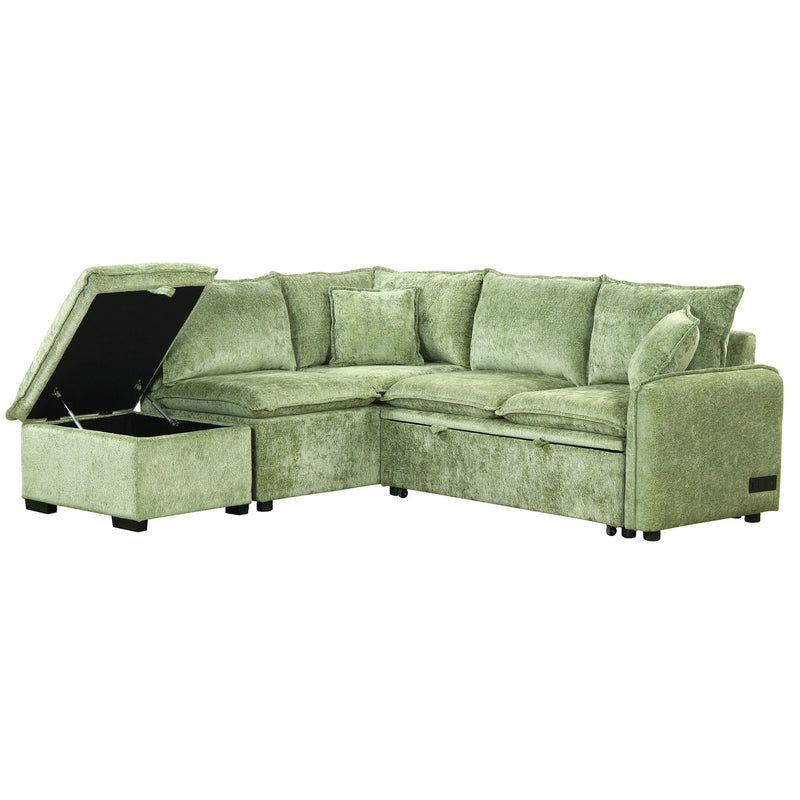 Convertible Sofa Bed Sectional Sofa Sleeper L-Shaped Sofa With A Storage Ottoman, Two Pillows, Two Power Sockets And Two USB Ports For Living Room