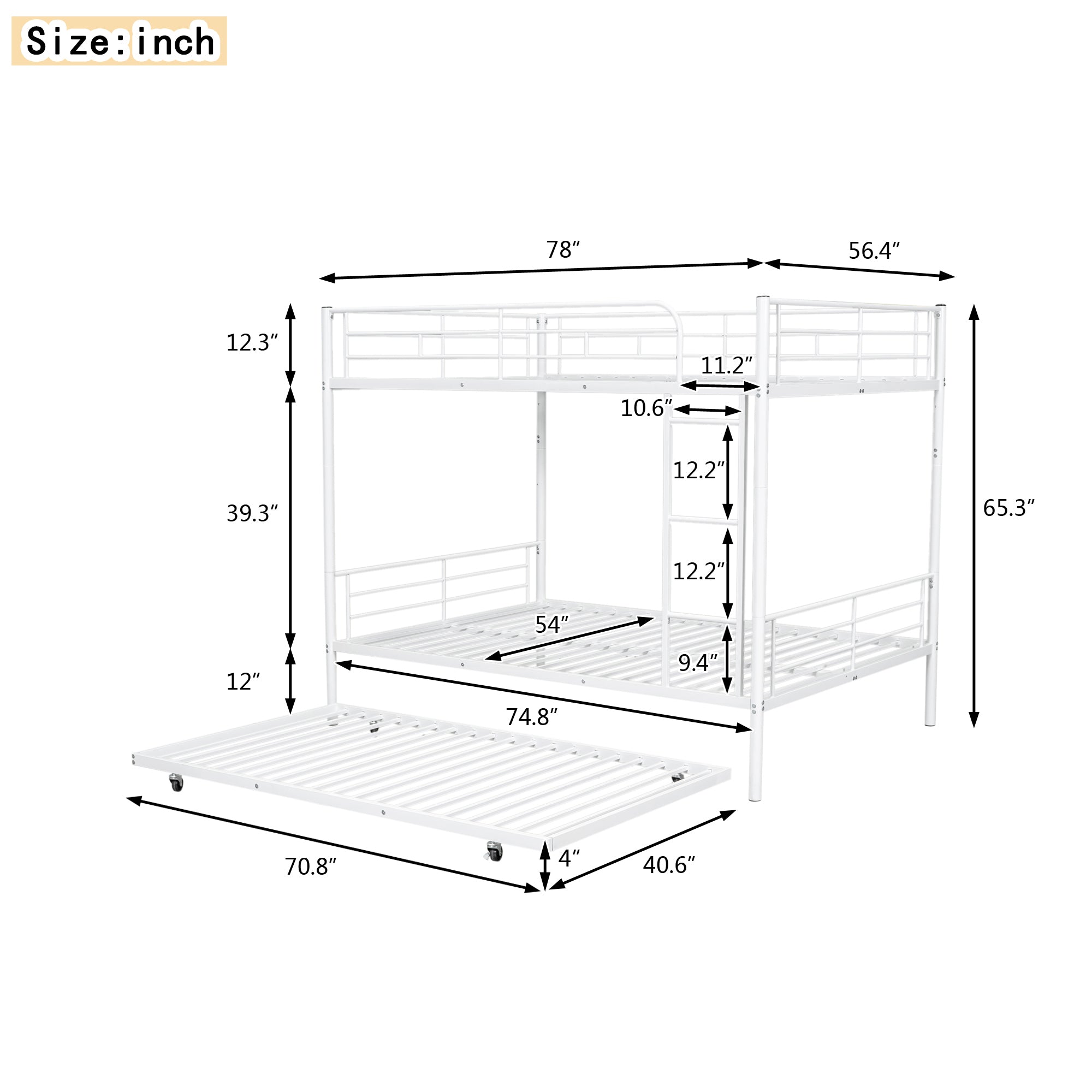 Full Over Full Metal Bunk Bed with Trundle, White - Atlantic Fine Furniture Melbourne FL