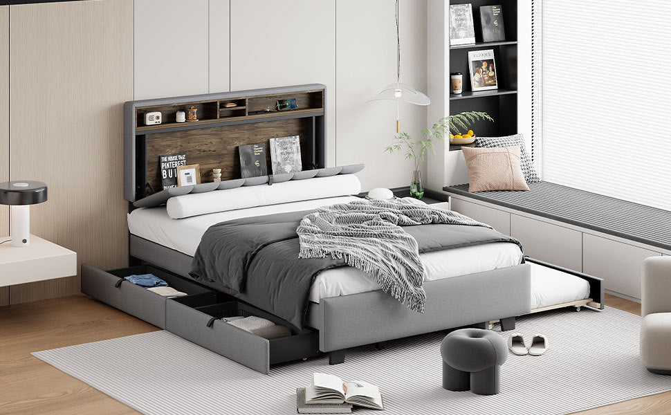 Full size Upholstered Platform Bed with Storage Headboard, Twin Size Trundle & 2 drawers and a set of Sockets & USB Ports, Linen Fabric, Gray - Atlantic Fine Furniture Melbourne FL