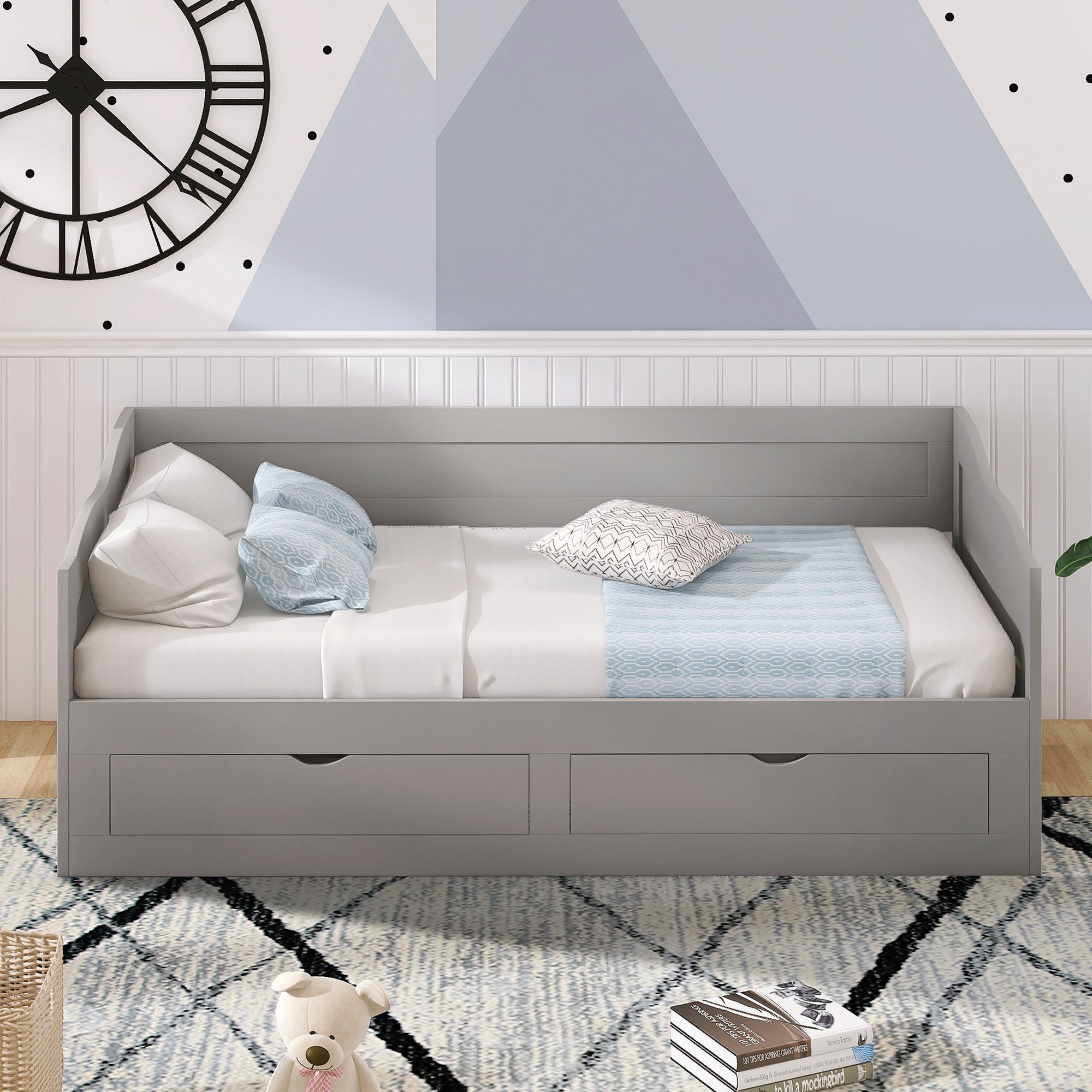 Wooden Daybed with Trundle Bed and Two Storage Drawers , Extendable Bed Daybed,Sofa Bed with Two Drawers, Gray - Atlantic Fine Furniture Melbourne FL