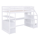 Twin Size Loft Bed with Desk and Shelves, Two Built-in Drawers, Storage Staircase, White