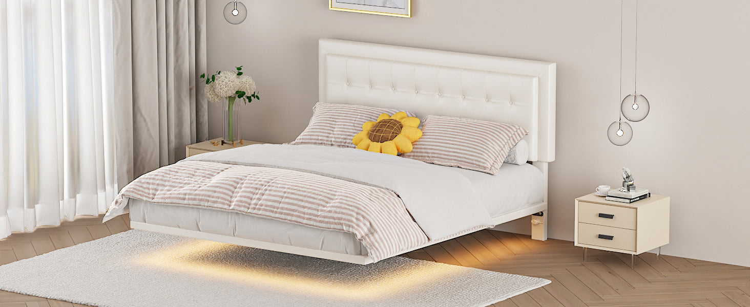 Queen Size Floating Bed Frame with Motion Activated Night Lights,Modern PU Upholstered Button Tufted Platform Bed Frame,White - Atlantic Fine Furniture Melbourne FL