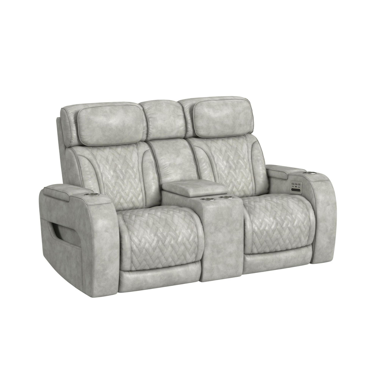Prime Time P3 Loveseat With Console, 7 Colors Led, Cup Holders And Wireless Charger Controller in Leather Gel Light Gray by Elements International