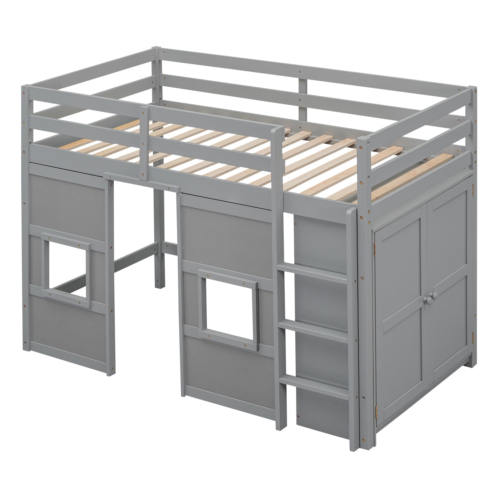 Wood Twin Size Loft Bed with Built-in Storage Wardrobe and 2 Windows, Gray - Atlantic Fine Furniture Melbourne FL
