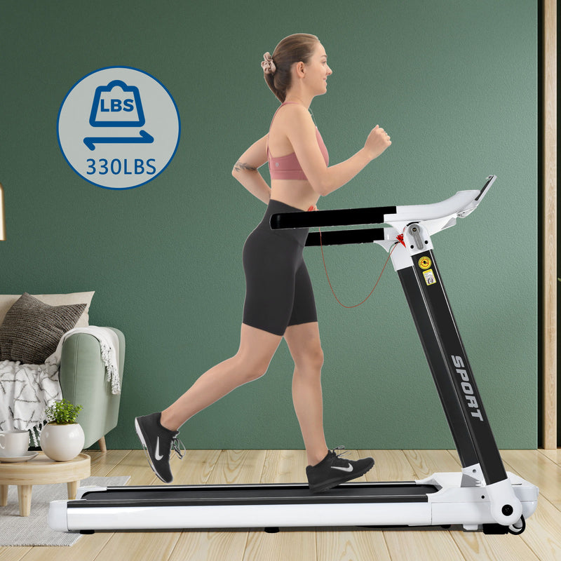 Portable Compact Treadmill, Electric Motorized 3.5Hp, 14Km / H, Medium Running Machine Motorised Gym 330Lbs, Foldable For Home Gym Fitness Workout Jogging Walking, Bluetooth Speaker App Fitime - White