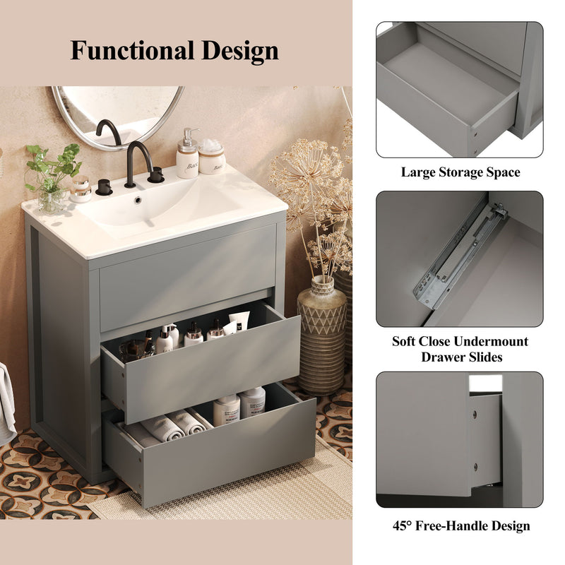 Freestanding Bathroom Vanity With Ceramic Sink, 2 Full Extension Drawers