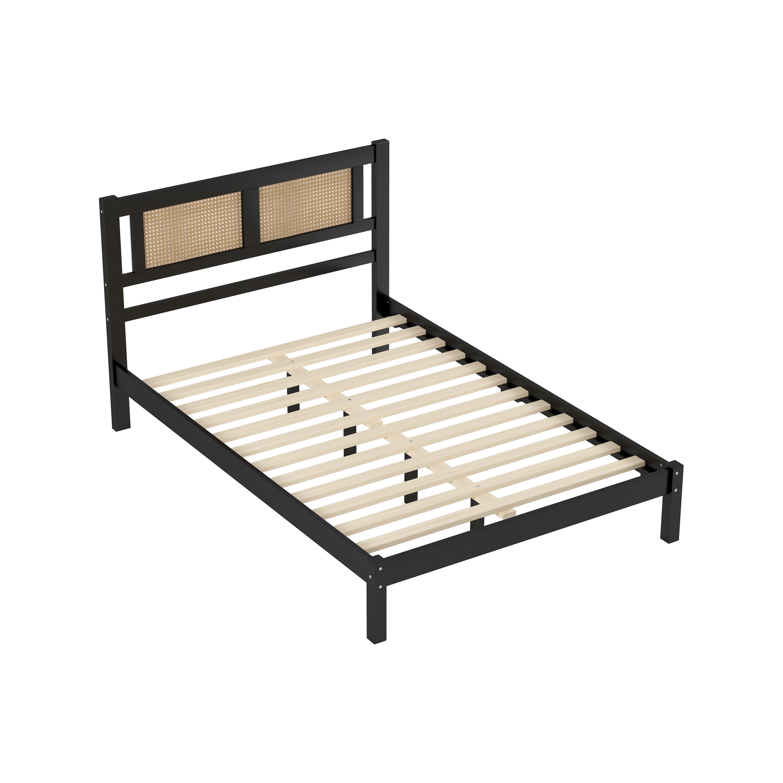 Full Size Wooden Platform Bed with Natural Rattan Headboard, Exquisite Elegance with Minimalist Charm for Bedroom, Black - Atlantic Fine Furniture Melbourne FL
