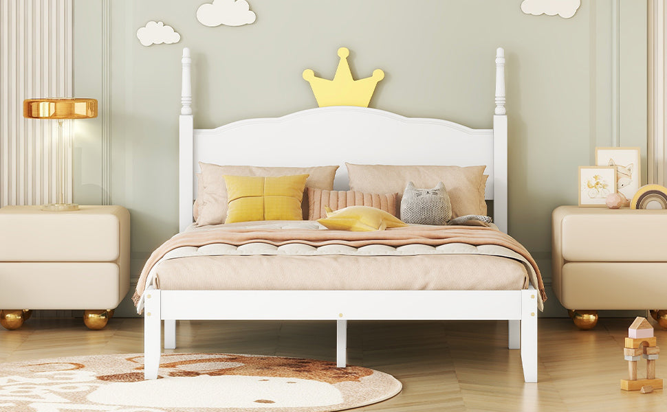 Full Size Wood Platform Bed with Crown Shaped Headboard, White - Atlantic Fine Furniture Melbourne FL