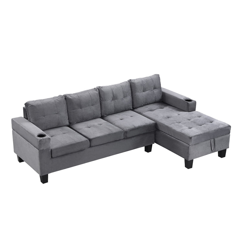 Modern 4 Seat Sectional Sofa With L Shape Right Lounge Storage Chaise, Cup Holder - Gray