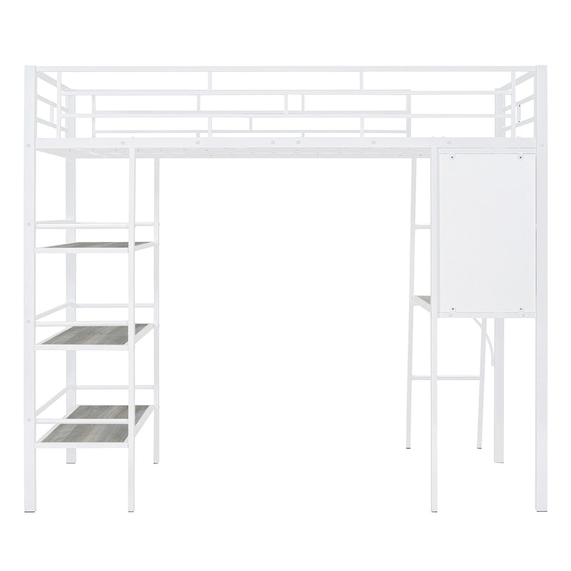 Loft Metal Bed With 3 Layers Of Shelves And Desk, Stylish Metal Frame Bed With Whiteboard