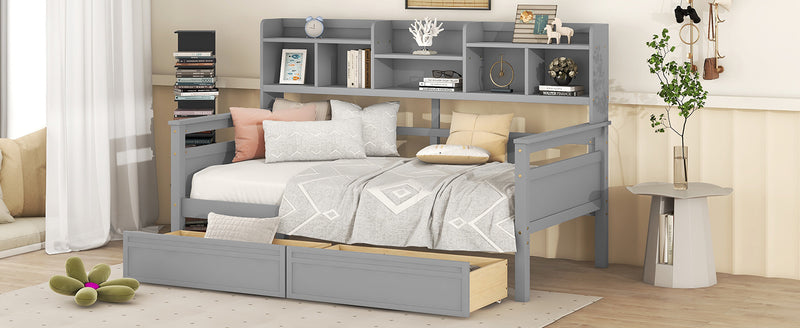 Twin size Daybed, Wood Slat Support, with Bedside Shelves and Two Drawers, Gray