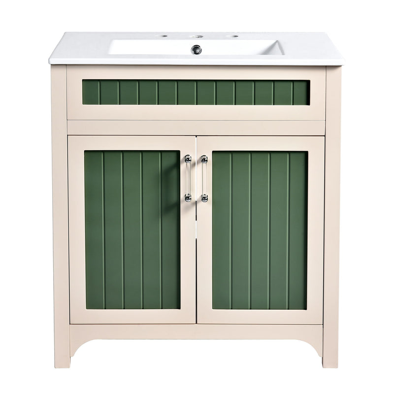 Bathroom Vanity Cabinet With Ceramic Sink Combo Set, Frame Modern Bathroom Storage Cabinet With Height Adjustable Shelf - Beige / Green