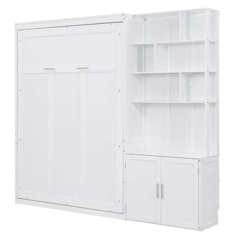 Full Size Murphy Bed With Multiple Storage Shelves And A Cabinet - White