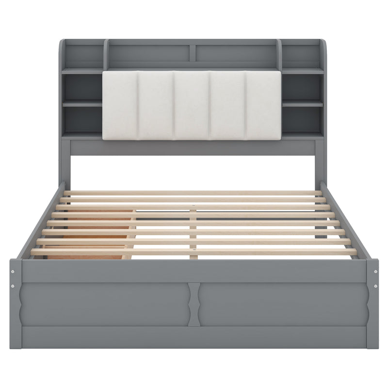 Wood Queen Size Platform Bed with Storage Headboard, Shelves and 2 Drawers, Gray